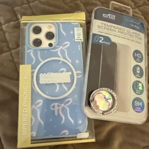 Blue MagSafe-Compatible Tempered Phone Case with Crystal Ring Accent